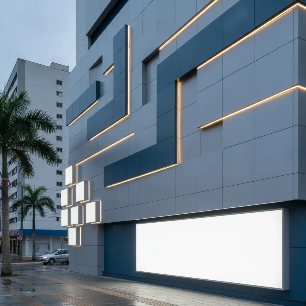 Fachada em ACM com Iluminação LED para Comércio em Goiânia