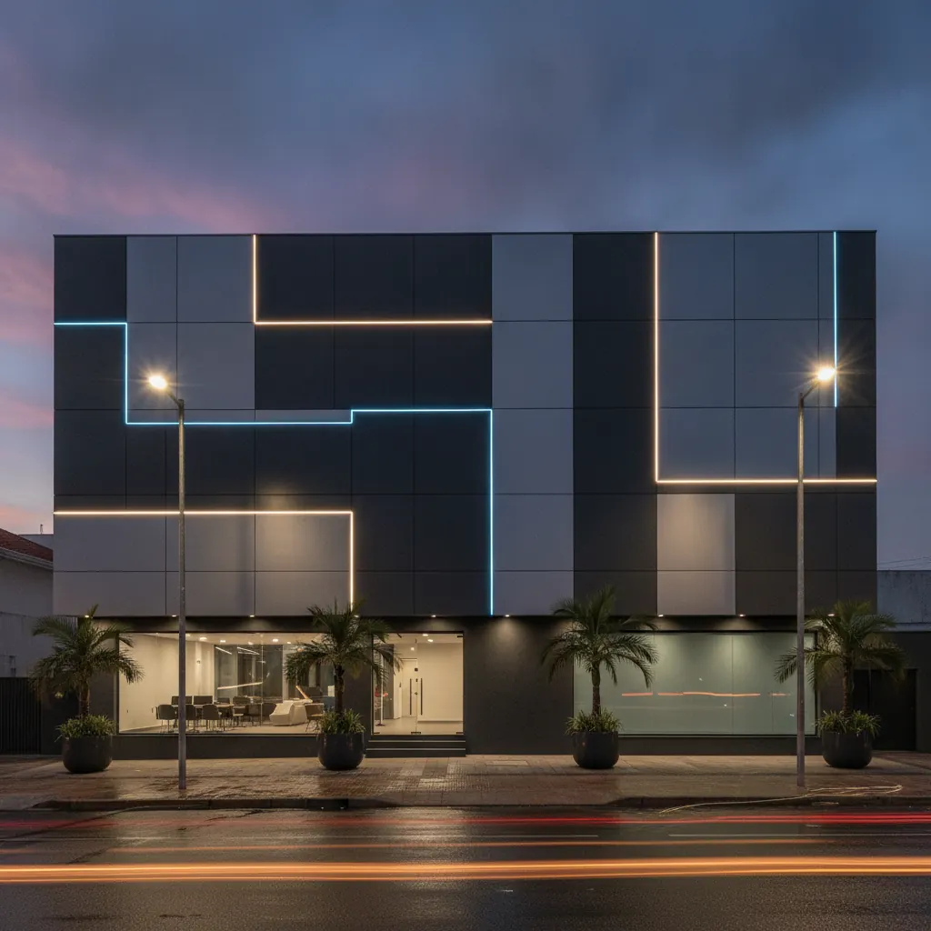 Fachada em ACM com Iluminação LED para Comércio em Goiânia