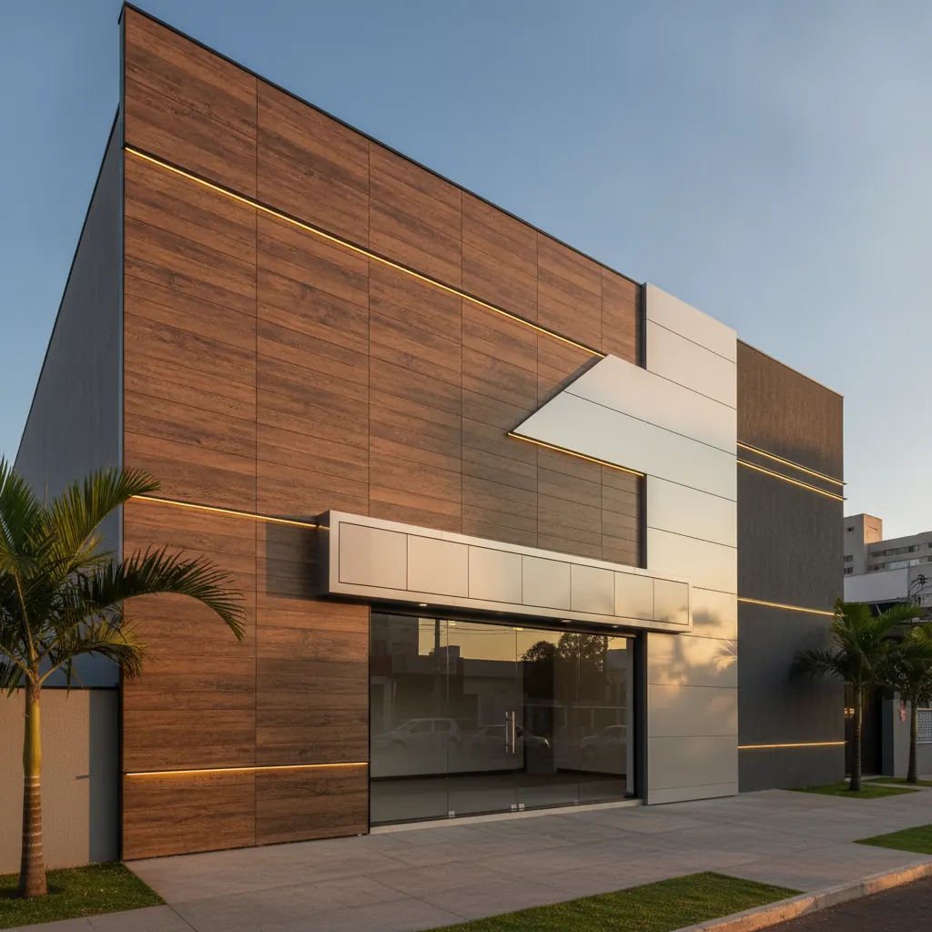 Fachada em ACM com Textura Madeira para Comércio em Goiânia