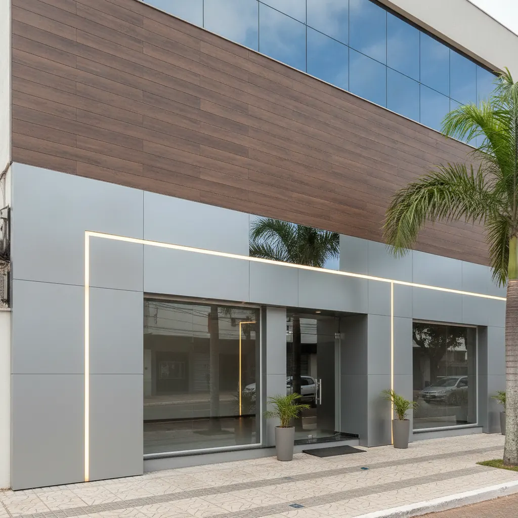 Fachada em ACM com Textura Madeira para Comércio em Goiânia